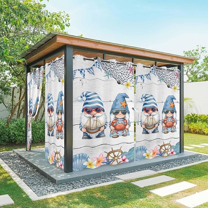 Ocean Gnome Outdoor Curtains for Patio Summer Marine Plumeria Shell Wooden Waterproof Outside Curtains with Grommet Top Weatherproof Curtain for Cabana Pergola Gazebo, 2 Pack, 54" W x 84" L