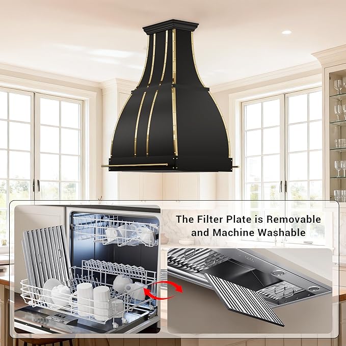 CHETTO C Stainless Steel Range Hood Cover with 4-Speed Vent Hood Insert Custom Handmade Metal Kitchen Fan with Towel Rack LED Light 42"W x27"D x57"H Black Island Mount