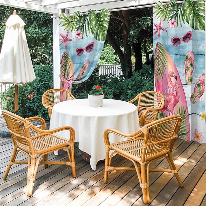 Summer Flamingbirds Outdoor Curtains for Patio Palm Leaves Plumeria Wood Waterproof Outside Curtains with Grommet Top Weatherproof Curtain for Cabana Pergola Gazebo, 2 Pack, 54" W x 84" L