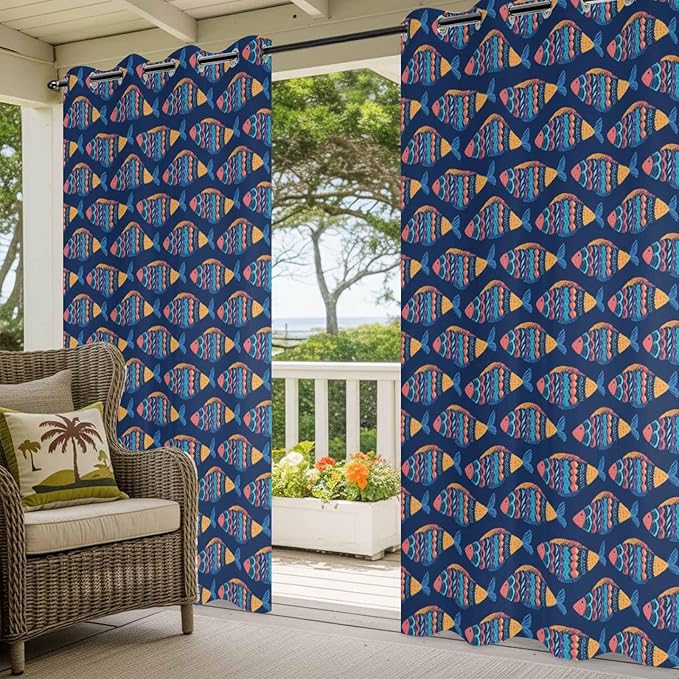 Fish Outdoor Curtains for Patio Vintage National Wind Fish Blue Waterproof Outside Curtains with Grommet Top Weatherproof Curtain for Cabana Pergola Gazebo, 1 Panel, 54" W x 84" L