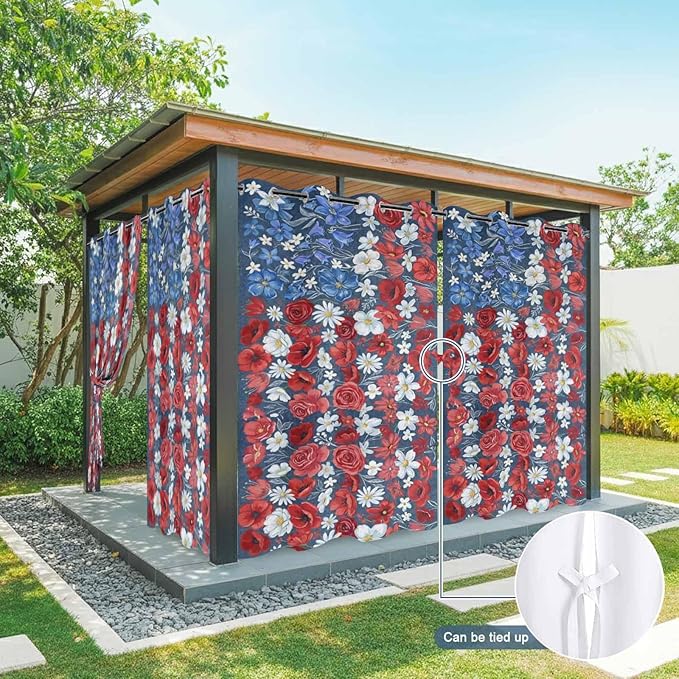 4th of July Outdoor Curtains for Patio Patriotic Flowers Farmhouse Red Waterproof Outside Curtains with Grommet Top Weatherproof Curtain for Cabana Pergola Gazebo, 1 Panel, 54" W x 95" L