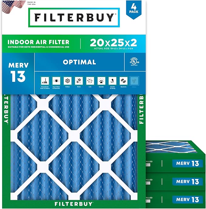 Filterbuy 20x25x2 Air Filter MERV 13 Optimal Smoke & Allergy Defense (4-Pack), Electrostatic Pleated HVAC AC Furnace Filters Replacement, Made in USA (Actual Size: 19.50 x 24.50 x 1.75)