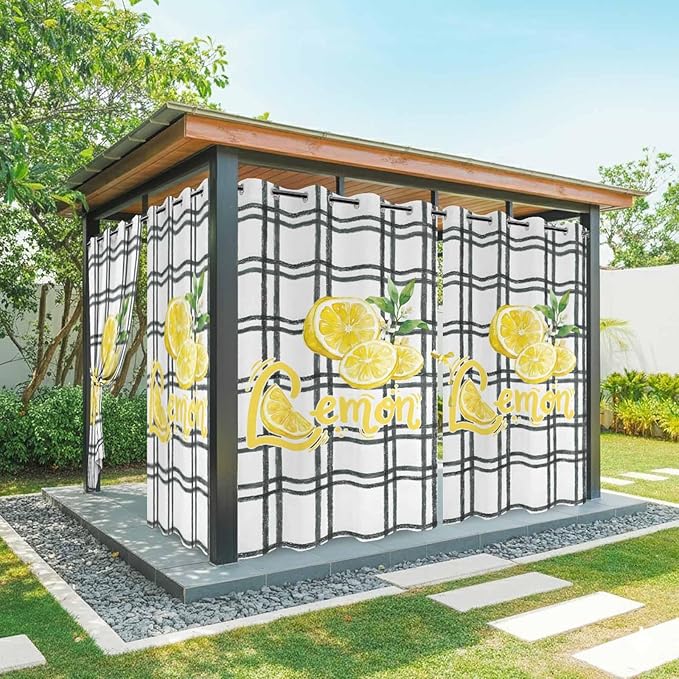 Lemon Outdoor Curtains for Patio Lemon Leaves Summer Plaid Buffalo Waterproof Outside Curtains with Grommet Top Weatherproof Curtain for Cabana Pergola Gazebo, 2 Pack, 54" W x 84" L