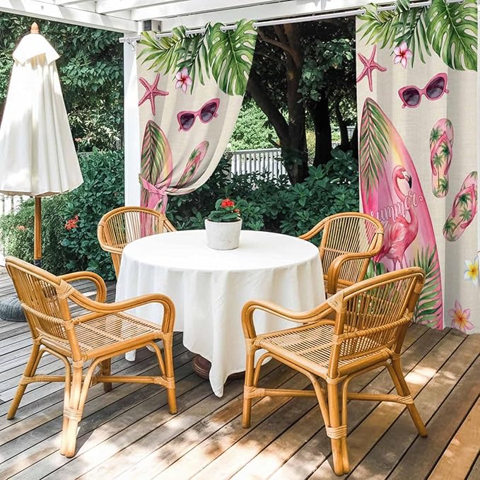 Summer Flamingbirds Outdoor Curtains for Patio Palm Leaves Plumeria Linen Waterproof Outside Curtains with Grommet Top Weatherproof Curtain for Cabana Pergola Gazebo, 2 Pack, 54" W x 95" L