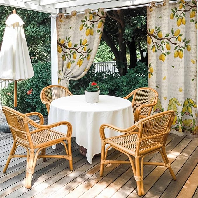 Summer Gnome Outdoor Curtains for Patio Gnome Lemon Leaf Vintage Waterproof Outside Curtains with Grommet Top Weatherproof Curtain for Cabana Pergola Gazebo, 2 Pack, 54" W x 84" L