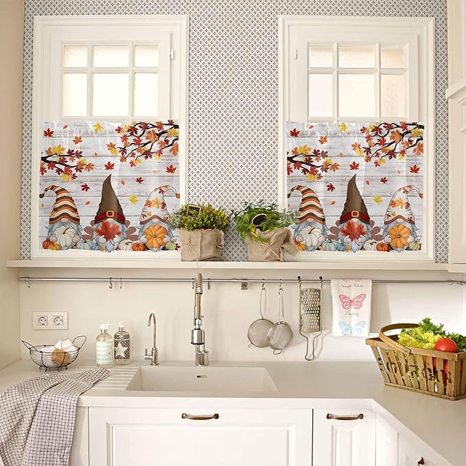 Fall Gnomes Kitchen Curtain Set, Thanksgiving Maple Leaf Grey Wood Grain Window Valance and Tiers 36" Length, Light Filtering Short Curtains Valance for Cafe Bathroom Bedroom 54"x18"