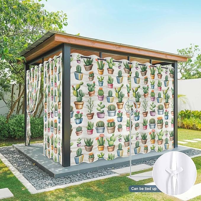 Summer Cactus Outdoor Curtains for Patio Cactus Tropical Plant Wooden Waterproof Outside Curtains with Grommet Top Weatherproof Curtain for Cabana Pergola Gazebo, 2 Pack, 54" W x 108" L