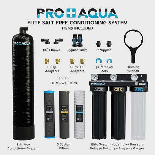 PRO+AQUA Elite Whole House Water Filter 3 Stage Well Water Filtration System w/Gauges, PR Button, 1” Ports, Filter Set (3-Stage + 20 GPM Salt-Free Bundle)