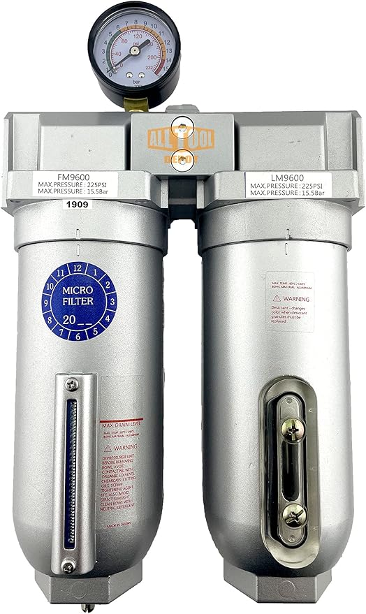 1" NPT SUPER DUTY Industrial Grade 2 Stages Coalescing Filter Desiccant Dryer System For Compressed Air Lines, Metal Bowls, Great For Paint Spray And Plasma Cutter