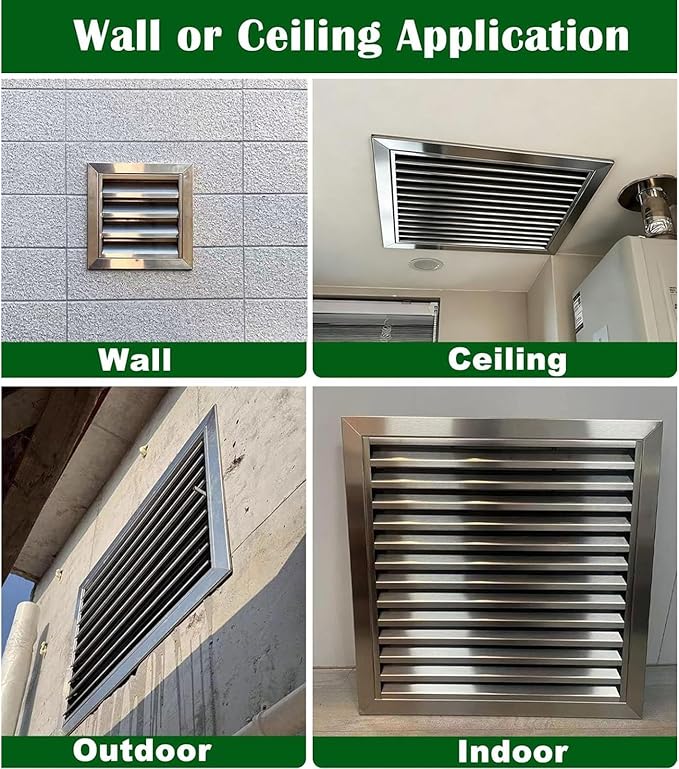 Heat Dissipation Louvered Vent Wall Gable Vents 304 Stainless Steel, Weather-Resistant Air Grille for Shed Barn Generator Box(8x8in/20x20cm)