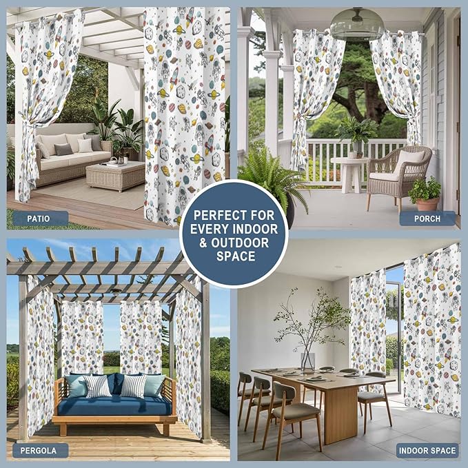 Cartoon Space Outdoor Curtains for Patio Astronauts Spacecraft Rockets Waterproof Outside Curtains with Grommet Top Weatherproof Curtain for Cabana Pergola Gazebo, 1 Panel, 54" W x 95" L