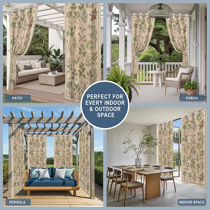 Vintage Outdoor Curtains for Patio Grass Herbal Botanical Garden Plants Waterproof Outside Curtains with Grommet Top Weatherproof Curtain for Cabana Pergola Gazebo, 2 Pack, 54" W x 84" L