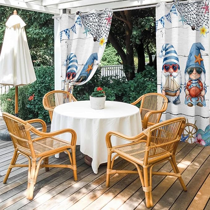 Ocean Gnome Outdoor Curtains for Patio Summer Marine Plumeria Shell Wooden Waterproof Outside Curtains with Grommet Top Weatherproof Curtain for Cabana Pergola Gazebo, 2 Pack, 54" W x 108" L