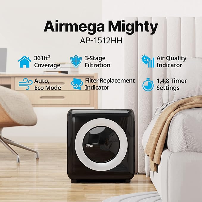 Coway AP-1512HH Mighty Air Purifier with True HEPA and Eco Mode, black/silver, 16.8 x 18.3 x 9.6