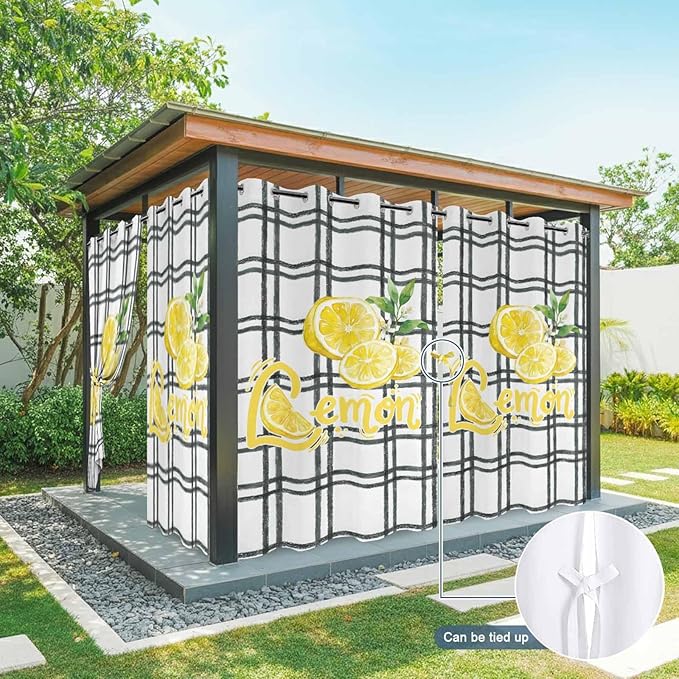 Lemon Outdoor Curtains for Patio Lemon Leaves Summer Plaid Buffalo Waterproof Outside Curtains with Grommet Top Weatherproof Curtain for Cabana Pergola Gazebo, 2 Pack, 54" W x 95" L