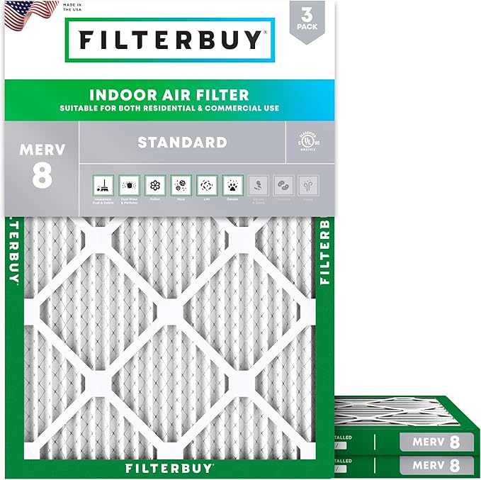Filterbuy 10x14x1 Air Filter MERV 8 Essential Dust & Allergy Defense (3-Pack), Electrostatic Pleated HVAC AC Furnace Filters Replacement, Made in USA (Actual Size: 9.50 x 13.50 x 0.75)
