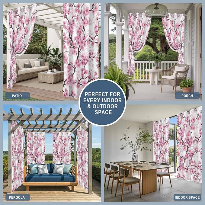 Cherry Flowers Outdoor Curtains for Patio Spring Flower Vintage Watercolor Waterproof Outside Curtains with Grommet Top Weatherproof Curtain for Cabana Pergola Gazebo, 2 Pack, 54" W x 108" L