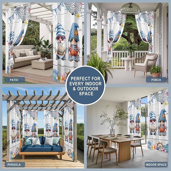 Ocean Gnome Outdoor Curtains for Patio Summer Marine Plumeria Shell Wooden Waterproof Outside Curtains with Grommet Top Weatherproof Curtain for Cabana Pergola Gazebo, 1 Panel, 54" W x 108" L
