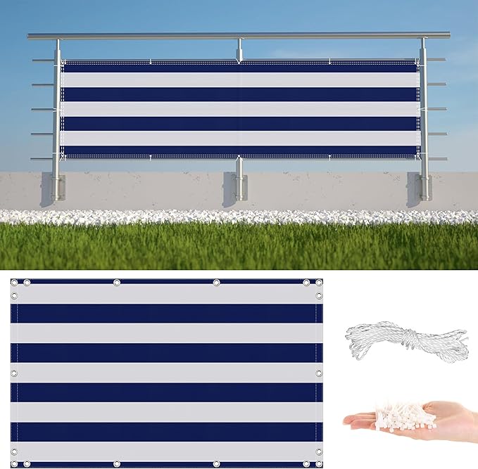 Privacy Fence Screen 4.9' x 49.2' UV Protection (HDPE) Weather-Resistant Outdoor Privacy Screen, Includes Cable Ties for Deck, Patio, Backyard, Outdoor Pool, Porch, Railing, Blue Stripes