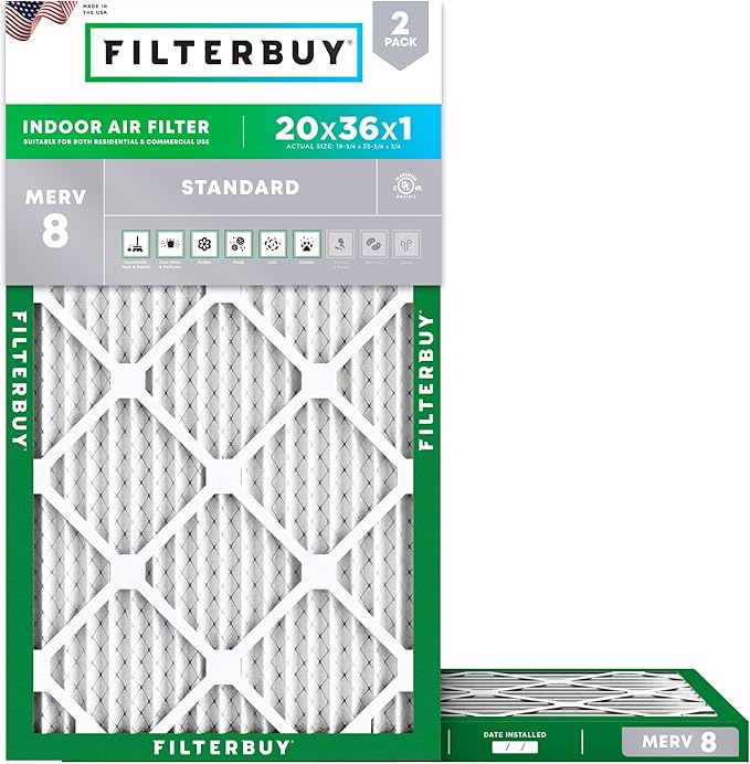 Filterbuy 20x36x1 Air Filter MERV 8 Essential Dust & Allergy Defense (2-Pack), Electrostatic Pleated HVAC AC Furnace Filters Replacement, Made in USA (Actual Size: 19.75 x 35.75 x 0.75)