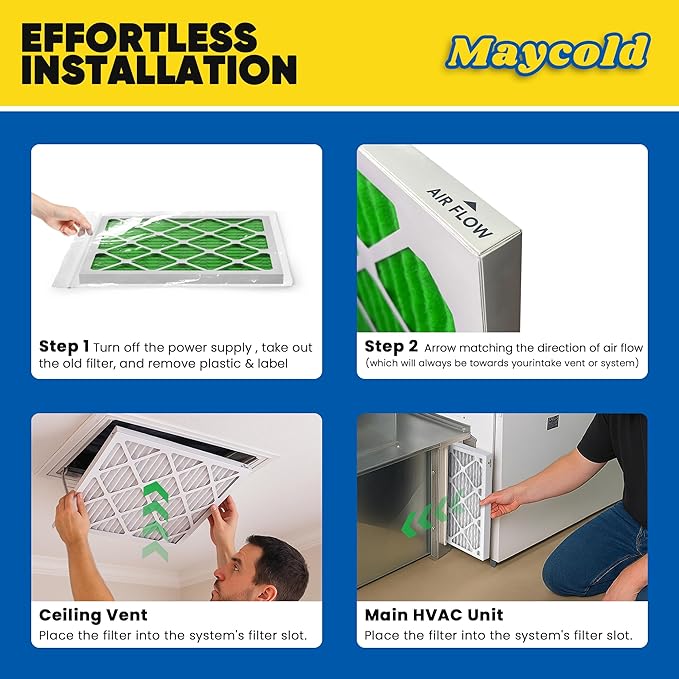 Maycold MERV 13 14x30x1 Air Filter (2-Pack), High-Efficiency Pleated AC & Furnace Filters, Actual Size: 13.70” x 29.70” x 0.75”, Individually Wrapped in Plastic