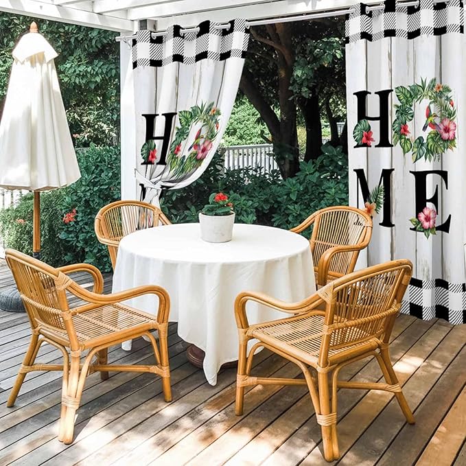 Summer Outdoor Curtains for Patio Leaves Garland Plumeria Wood Buffalo Plaid Waterproof Outside Curtains with Grommet Top Weatherproof Curtain for Cabana Pergola Gazebo, 1 Panel, 54" W x 108" L