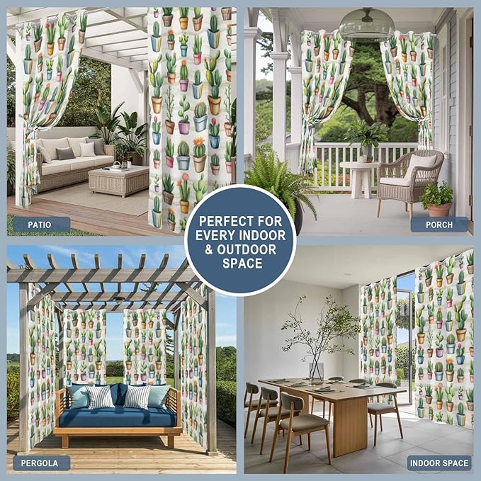 Summer Cactus Outdoor Curtains for Patio Cactus Tropical Plant Wooden Waterproof Outside Curtains with Grommet Top Weatherproof Curtain for Cabana Pergola Gazebo, 1 Panel, 54" W x 108" L