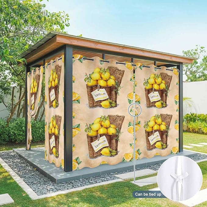 Lemon Outdoor Curtains for Patio Lemons in Baskets Summer Tropical Plant Brown Waterproof Outside Curtains with Grommet Top Weatherproof Curtain for Cabana Pergola Gazebo, 1 Panel, 54" W x 108" L
