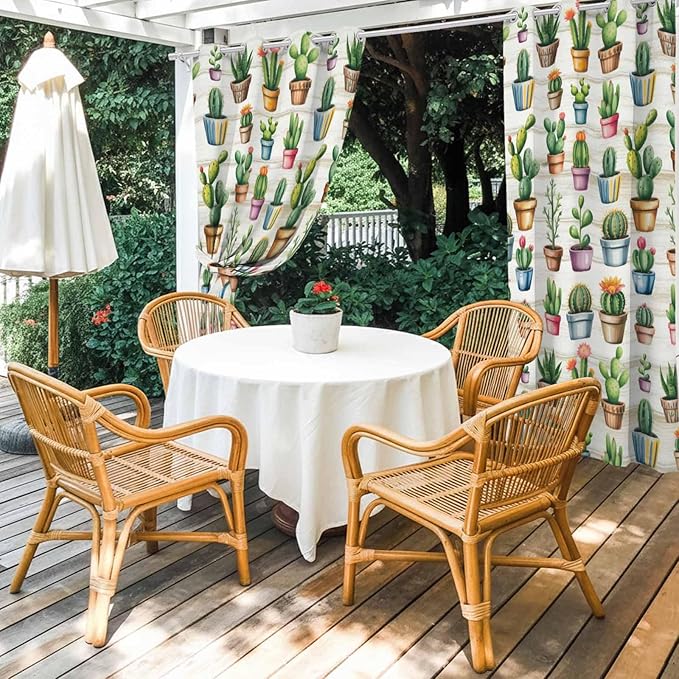Summer Cactus Outdoor Curtains for Patio Cactus Tropical Plant Wooden Waterproof Outside Curtains with Grommet Top Weatherproof Curtain for Cabana Pergola Gazebo, 2 Pack, 54" W x 84" L