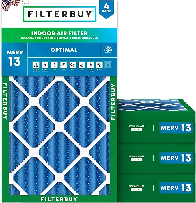 Filterbuy 20x30x4 Air Filter MERV 13 Optimal Smoke & Allergy Defense (4-Pack), Electrostatic Pleated HVAC AC Furnace Filters Replacement, Made in USA (Actual Size: 19.50 x 29.50 x 3.63)