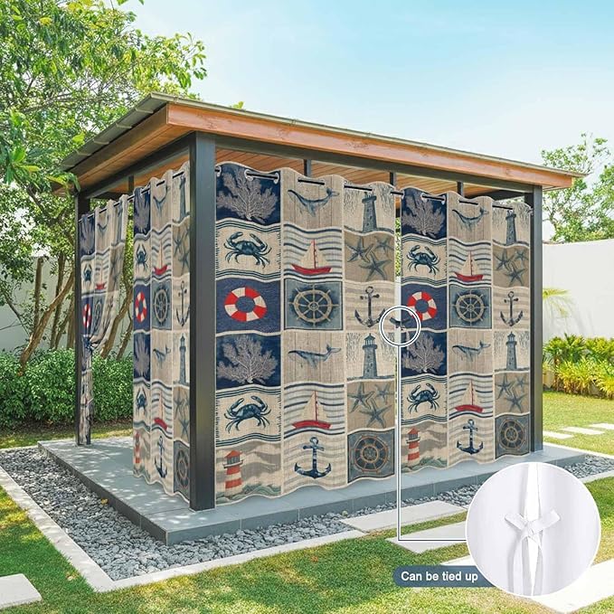 Oceans Outdoor Curtains for Patio Shell Starfish Whales Summer Vintage Waterproof Outside Curtains with Grommet Top Weatherproof Curtain for Cabana Pergola Gazebo, 2 Pack, 54" W x 108" L