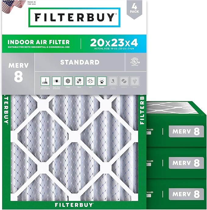 Filterbuy 20x23x4 Air Filter MERV 8 Essential Dust & Allergy Defense (4-Pack), Electrostatic Pleated HVAC AC Furnace Filters Replacement, Made in USA (Actual Size: 19.50 x 22.50 x 3.63)