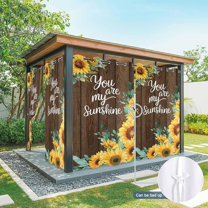 Summer Outdoor Curtains for Patio Sunflowers Eucalyptus Leaves Wood Waterproof Outside Curtains with Grommet Top Weatherproof Curtain for Cabana Pergola Gazebo, 1 Panel, 54" W x 95" L