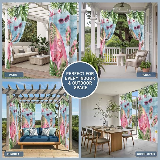 Summer Flamingbirds Outdoor Curtains for Patio Palm Leaves Plumeria Wood Waterproof Outside Curtains with Grommet Top Weatherproof Curtain for Cabana Pergola Gazebo, 1 Panel, 54" W x 84" L