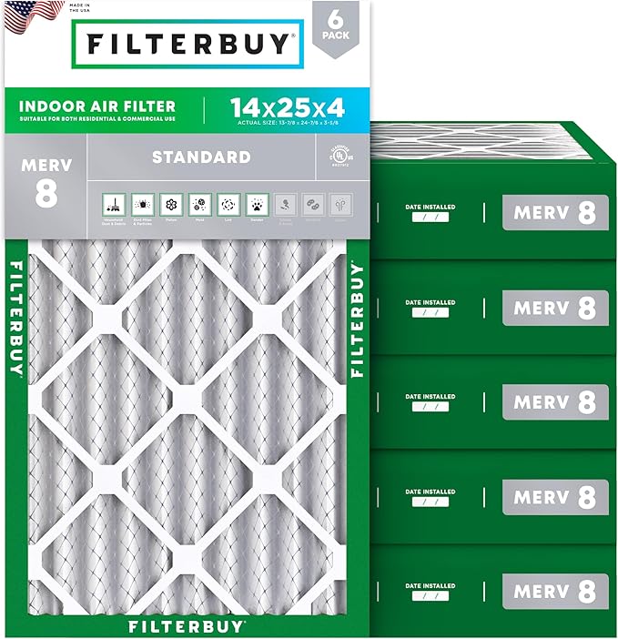 Filterbuy 14x25x4 Air Filter MERV 8 Essential Dust & Allergy Defense (6-Pack), Electrostatic Pleated HVAC AC Furnace Filters Replacement, Made in USA (Actual Size: 13.88 x 24.88 x 3.63)