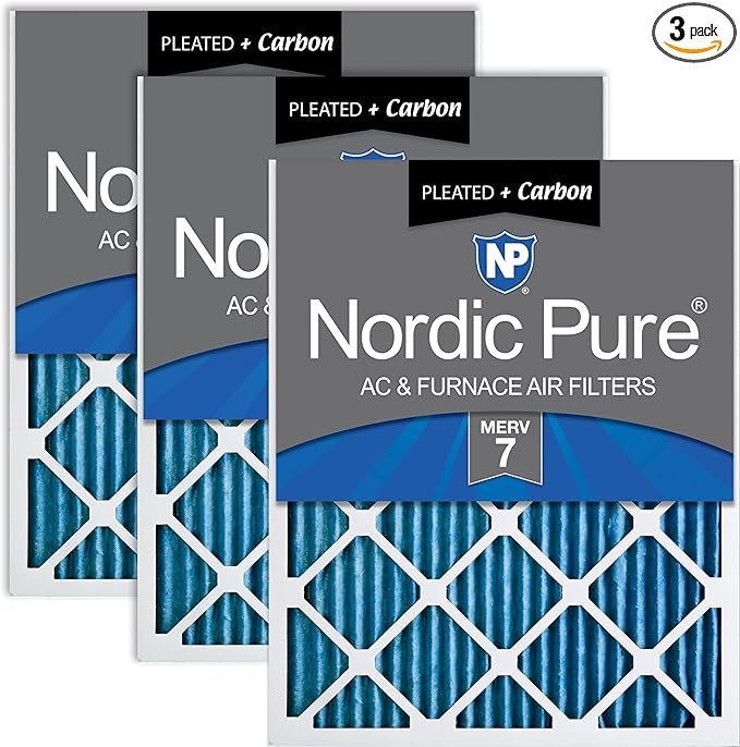 Nordic Pure 20x20x1 (Actual Size: 19 1/2 x 19 1/2 x 3/4) Pleated Air Filters MERV 7 Plus Carbon 3 Pack
