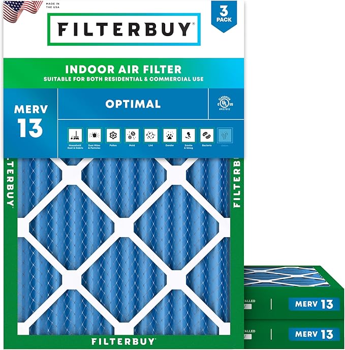 Filterbuy 18x24x2 Air Filter MERV 13 Optimal Smoke & Allergy Defense (3-Pack), Electrostatic Pleated HVAC AC Furnace Filters Replacement, Made in USA (Actual Size: 17.38 x 23.38 x 1.75)