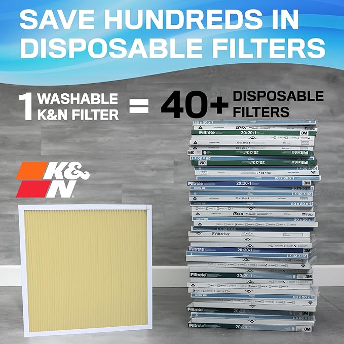 K&N 16x20x1 HVAC Furnace Air Filter, Lasts a Lifetime, Washable, Merv 11, the Last HVAC Filter You Will Ever Buy, Breathe Safely at Home or in the Office, HVC-11620