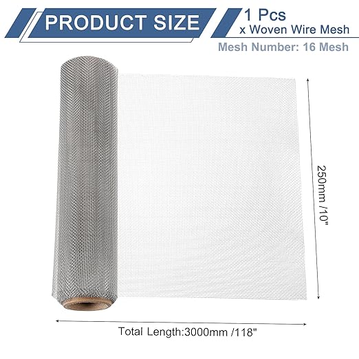 uxcell 16 Mesh 118" x 10" Woven Wire Mesh, 316 Stainless Steel Air Vent Filter Screen, Window Screen Mesh for DIY Projects Vents Cover Filtration Animals Fence