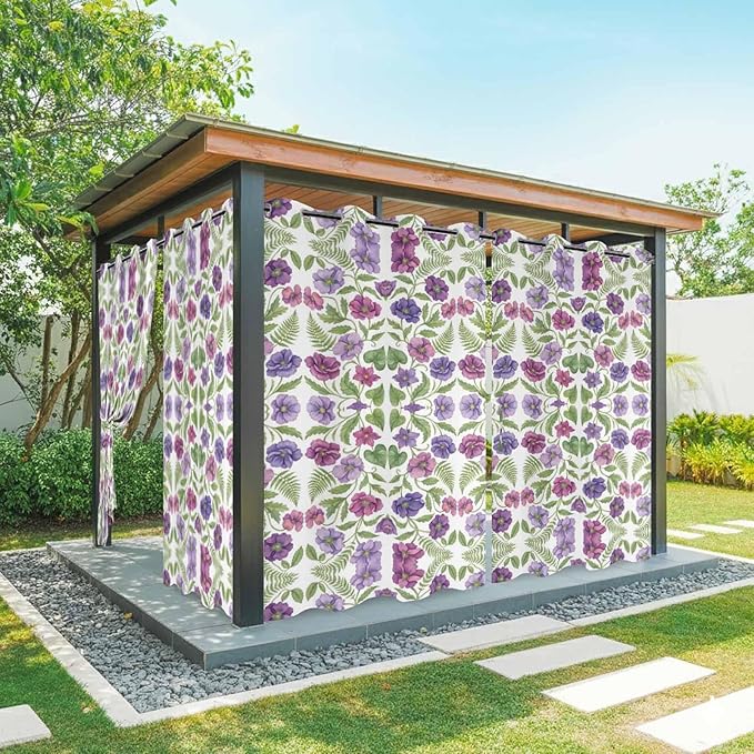 Flowers Outdoor Curtains for Patio Summer Floral Pastoral Farmhouse Plant Waterproof Outside Curtains with Grommet Top Weatherproof Curtain for Cabana Pergola Gazebo, 2 Pack, 54" W x 84" L