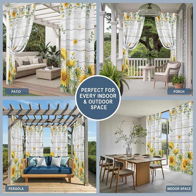 Sunflowers Outdoor Curtains for Patio Summer Floral Eucalyptus Leaf Wood Plank Waterproof Outside Curtains with Grommet Top Weatherproof Curtain for Cabana Pergola Gazebo, 1 Panel, 54" W x 84" L