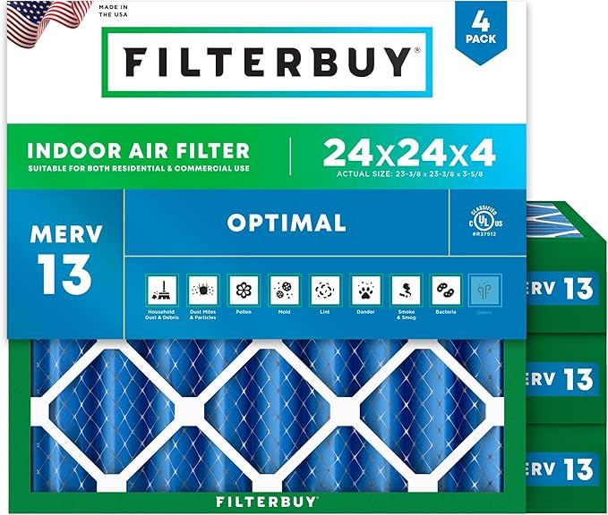 Filterbuy 24x24x4 Air Filter MERV 13 Optimal Smoke & Allergy Defense (4-Pack), Electrostatic Pleated HVAC AC Furnace Filters Replacement, Made in USA (Actual Size: 23.38 x 23.38 x 3.63)