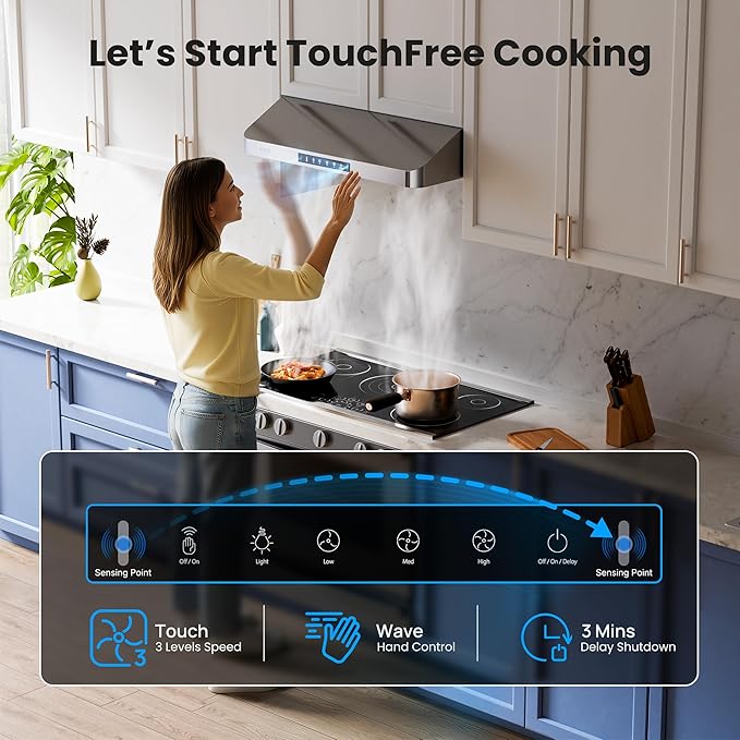 Under Cabinet Range Hood 30 Inch, 980CFM Fast Venting Ducted, Kitchen Hood With 3 Speed Gesture Sensing & Touch Control, Stainless Steel Stove Vent Hood With LED Light And 2 Baffle Filters