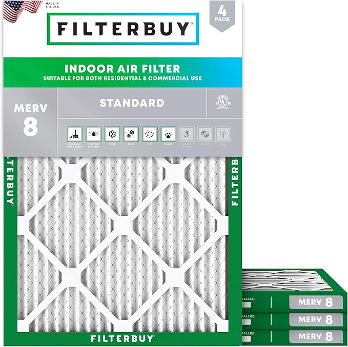 Filterbuy 19.88x21.5x1 Air Filter MERV 8 Essential Dust & Allergy Defense (4-Pack), Electrostatic Pleated HVAC AC Furnace Filters Replacement, Made in USA (Actual Size: 19.88 x 21.50 x 0.75)
