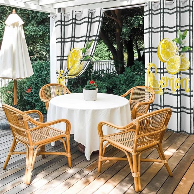 Lemon Outdoor Curtains for Patio Lemon Leaves Summer Plaid Buffalo Waterproof Outside Curtains with Grommet Top Weatherproof Curtain for Cabana Pergola Gazebo, 1 Panel, 54" W x 108" L