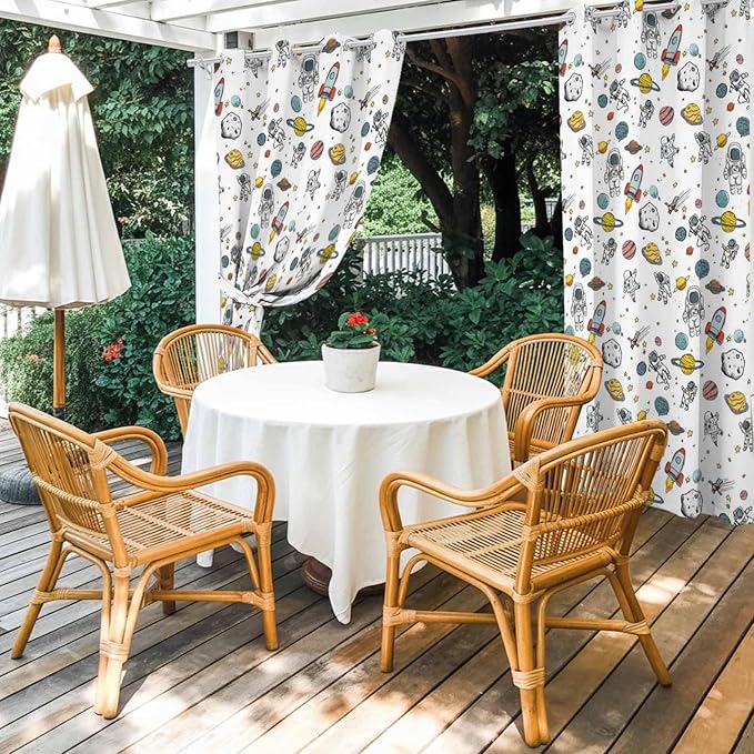 Cartoon Space Outdoor Curtains for Patio Astronauts Spacecraft Rockets Waterproof Outside Curtains with Grommet Top Weatherproof Curtain for Cabana Pergola Gazebo, 2 Pack, 54" W x 95" L