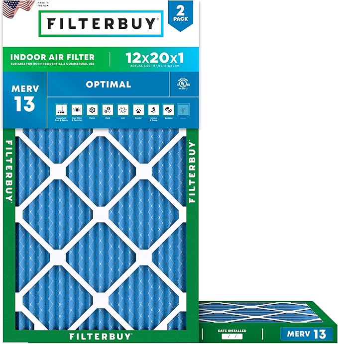 Filterbuy 12x20x1 Air Filter MERV 13 Optimal Smoke & Allergy Defense (2-Pack), Electrostatic Pleated HVAC AC Furnace Filters Replacement, Made in USA (Actual Size: 11.50 x 19.50 x 0.75)