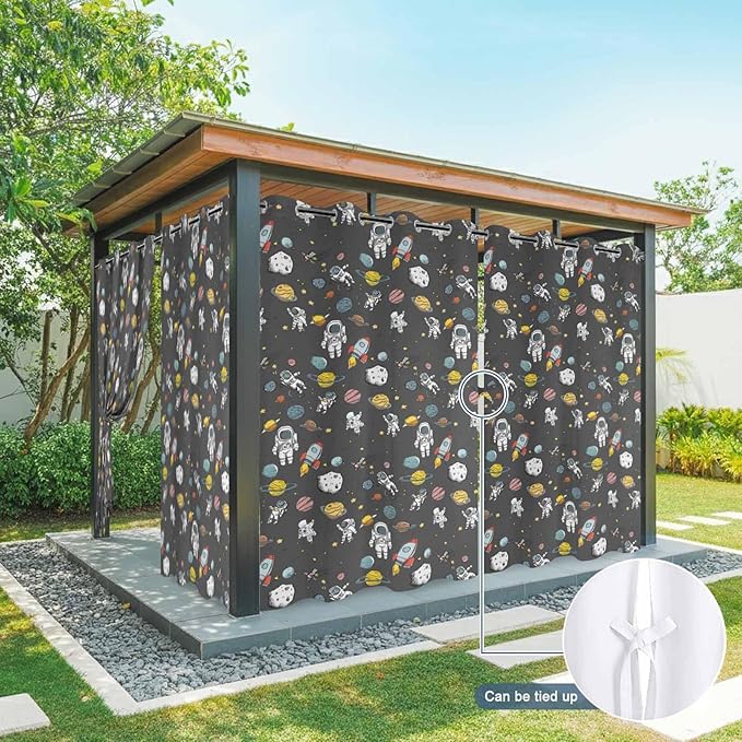 Cartoon Space Outdoor Curtains for Patio Rockets Planets Astronauts Gray Waterproof Outside Curtains with Grommet Top Weatherproof Curtain for Cabana Pergola Gazebo, 2 Pack, 54" W x 95" L