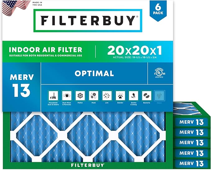 Filterbuy 20x20x1 Air Filter MERV 13 Optimal Smoke & Allergy Defense (6-Pack), Electrostatic Pleated HVAC AC Furnace Filters Replacement, Made in USA (Actual Size: 19.50 x 19.50 x 0.75)