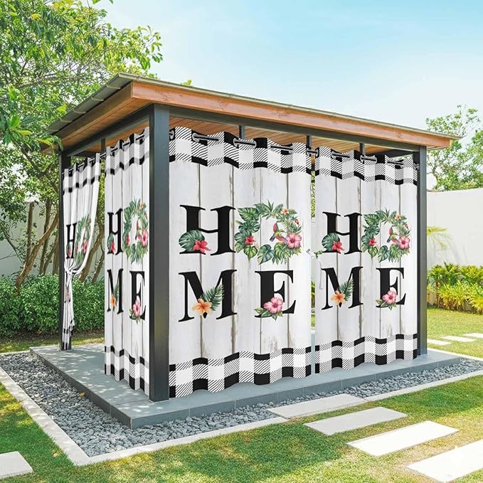 Summer Outdoor Curtains for Patio Leaves Garland Plumeria Wood Buffalo Plaid Waterproof Outside Curtains with Grommet Top Weatherproof Curtain for Cabana Pergola Gazebo, 1 Panel, 54" W x 95" L